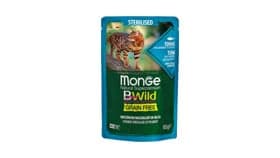 Nəm yem Monge Natural Super Premium Bwild Grain Free Formula, sterilizə edilmiş pişiklər üçün, krevetka və tərəvəz ilə sousda tuna parçaları, 85 q