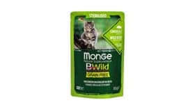 Nəm yem Monge Natural Super Premium Bwild Grain Free Formula, sterilizə edilmiş pişiklər üçün, qaban əti və tərəvəzlər ilə, 85 q