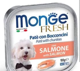 Bütün cins yetkin itlər üçün nəm yem Monge Fresh Paté and Chunkies, qızılbalıq ilə, 100 q