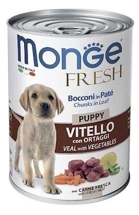 Küçüklər üçün super-premium keyfiyyətli nəm yem Monge Fresh Dog mal əti və tərəvəzli paştet 400 q