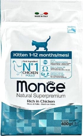 Tam rasion quru yem Monge Kitten Natural Superpremium Rich in Chicken, balalar üçün, toyuq, 400 q
